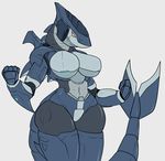  anthro big_breasts breasts female fish machine marine methados orange_eyes robot shark simple_background solo white_background 