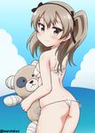  ass bandages bangs bikini blush boko_(girls_und_panzer) breasts brown_eyes cowboy_shot flat_ass from_behind girls_und_panzer hair_ribbon hairband holding light_brown_hair light_smile long_hair looking_at_viewer looking_back maru_takeo micro_bikini ribbon shimada_arisu side-tie_bikini side_ponytail small_breasts solo standing stuffed_animal stuffed_toy swimsuit teddy_bear thong_bikini twitter_username 