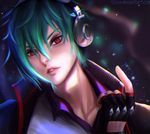  artist_name fingerless_gloves gloves green_hair hair_between_eyes headphones jacket male_focus portrait red_eyes shun'ei solo sparkle teeth the_king_of_fighters the_king_of_fighters_xiv toxicface 