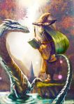  absurdres book dragon fantasy green_hair hat highres long_hair magnifying_glass namako_(namacotan) original solo witch_hat 