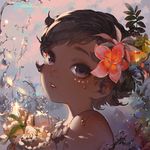  brown_hair dark_skin disney flower hair_flower hair_ornament kawacy looking_at_viewer moana_(movie) moana_waialiki parted_lips short_hair solo sparkle water younger 