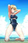  :/ abs absurdres armpits arms_behind_head ass_visible_through_thighs bad_id bad_pixiv_id blonde_hair blue_eyes blue_sky blush breasts cleavage cloud competition_swimsuit darjeeling day girls_und_panzer groin_tendon highres kneeling large_breasts one-piece_swimsuit orange_(sal1014) partially_submerged sideboob sky solo swimsuit thighs underboob underboob_cutout wet 