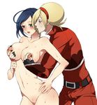  1boy 1girl androgynous areolae ash_crimson belt black_nails blonde_hair blue_eyes blue_hair blush breast_grab breasts censored clothed_male_nude_female collarbone collared_shirt cowboy_shot elisabeth_blanctorche erection erection_under_clothes freckles groping half-closed_eyes headband hetero king_of_fighters large_breasts looking_at_another muse_(rainforest) nail_polish navel nipples nude profile short_hair simple_background sweat white_background 