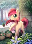  2015 aymint bouquet cutie_mark earth_pony equine female feral flower friendship_is_magic fur green_eyes hair horse looking_at_viewer mammal my_little_pony one_eye_closed outside plant pony red_hair rose_(mlp) smile solo tan_fur tree 