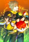  1girl artist_name back-to-back baseball_cap blonde_hair brown_eyes brown_hair female_protagonist_(pokemon_go) fingerless_gloves gloves green_eyes grin hat highres holding holding_poke_ball leg_up leggings looking_at_viewer looking_back orange_gloves poke_ball pokemon pokemon_go ponytail smile spark_(pokemon) tanaka_kii team_instinct wristband 