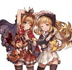  black_legwear blonde_hair blush brown_hair cagliostro_(granblue_fantasy) cagliostro_(granblue_fantasy)_(cosplay) cape cardcaptor_sakura cosplay costume_switch crossover crown granblue_fantasy granblue_fantasy_(style) green_eyes hairband hat highres kero kinomoto_sakura kinomoto_sakura_(cosplay) kuma_(darakehoudai) long_hair looking_at_viewer multiple_girls one_eye_closed open_mouth parody purple_eyes red_skirt school_uniform seiyuu_connection simple_background skirt smile style_parody tange_sakura thighhighs tomoeda_elementary_school_uniform vee_(granblue_fantasy) white_background zettai_ryouiki 