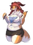  anthro belly big_breasts breasts cleavage clothed clothing dragon eyewear female glasses horn navel pen shian slightly_chubby solo thick_thighs 
