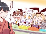  &gt;_&lt; :3 =_= animal_ears bangs barefoot black_hair blonde_hair brown_hair bunny_ears check_translation closed_eyes commentary_request cushion eating enemy_aircraft_(kantai_collection) eyebrows eyebrows_visible_through_hair fake_animal_ears food food_on_face hairband hand_to_own_mouth headgear holding holding_food horns houshou_(kantai_collection) japanese_clothes kantai_collection kimono long_hair mittens motherly multiple_girls neckerchief northern_ocean_hime open_mouth orange_eyes ponytail rensouhou-chan sako_(bosscoffee) sandwich shimakaze_(kantai_collection) shinkaisei-kan short_hair sitting sitting_on_head sitting_on_person smile tasuki translated translation_request white_hair x3 yukikaze_(kantai_collection) 