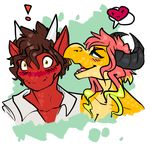  ! &gt;:3 &lt;3 amber_eyes blue_eyes blush brown_hair clothing colored_sketch dragon duo female fivel flustered hair headshot horn male mischievous multicolored_hair open_mouth pink_hair pyron romantic_couple shani shirt whispering 