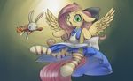  2015 alice_(alice_in_wonderland) alice_in_wonderland angel_(mlp) apron blush clothing conbudou crossover dress duo falling fluttershy_(mlp) friendship_is_magic fur green_eyes hair jacket legwear long_hair looking_at_viewer my_little_pony open_mouth pink_hair pocket_watch ribbons stockings striped_legwear striped_stockings stripes thigh_highs vest white_fur white_rabbit yellow_fur 