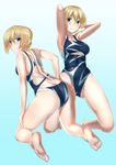  :/ abs absurdres armpits arms_behind_head ass ass_visible_through_thighs bad_id bad_pixiv_id blonde_hair blue_background blue_eyes blush breasts cleavage commentary_request competition_swimsuit darjeeling girls_und_panzer groin_tendon highres kneeling large_breasts multiple_views one-piece_swimsuit orange_(sal1014) partially_submerged sideboob swimsuit thighs underboob underboob_cutout wet 