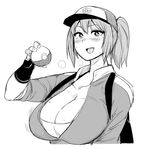 :d backpack bag baseball_cap blush breasts cleavage collarbone fang female_protagonist_(pokemon_go) fukumaaya greyscale hat holding holding_poke_ball huge_breasts jacket long_hair long_sleeves monochrome open_clothes open_jacket open_mouth poke_ball pokemon pokemon_go ponytail simple_background smile solo track_jacket upper_body white_background 