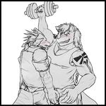  anthro armpit_fetish armpit_lick armpits bandanna biceps blush bulge clothed clothing crotch_grab dragon dumbbell duo exercise grope holding_object licking male male/male muscular muscular_male ninjatertel open_mouth pants pecs scalie shirt standing sweat teeth tongue tongue_out weightlifting weights workout 