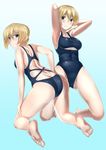  :/ abs absurdres armpits arms_behind_head ass ass_visible_through_thighs bad_id bad_pixiv_id blonde_hair blue_background blue_eyes blush breasts cleavage competition_swimsuit darjeeling girls_und_panzer groin_tendon highres kneeling large_breasts multiple_views one-piece_swimsuit orange_(sal1014) sideboob swimsuit thighs underboob underboob_cutout wet 