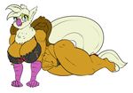  2016 all_fours anthro appelknekten big_breasts blush breasts butt camel_toe clothed clothing colored digital_media_(artwork) female hippogryph hippolita looking_at_viewer low_res muscular neck_tuft simple_background skimpy smile solo tuft white_background 