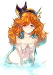  aqua_eyes arm_support bare_shoulders blush breasts cape flower from_above granblue_fantasy hair_flower hair_ornament hair_over_one_eye hairband light_smile long_hair looking_at_viewer midriff min-naraken navel orange_hair partially_submerged sara_(granblue_fantasy) signature skirt skirt_set small_breasts solo water wavy_hair 
