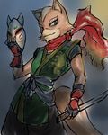  anthro black_nose brown_fur canine caramelix clothing fingerless_gloves fox fox_mccloud fur gloves green_eyes male mammal mask melee_weapon nintendo scarf solo star_fox sword video_games weapon 