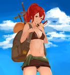  :q akuria anna_(fire_emblem) axe backpack bad_id bad_pixiv_id bag bikini blue_sky breasts brown_bikini brown_eyes cleavage cloud cowboy_shot day finger_to_mouth fire_emblem fire_emblem_if highres long_hair looking_at_viewer medium_breasts navel ponytail red_eyes sky smile solo swimsuit sword tongue tongue_out weapon 