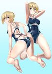  :/ abs absurdres armpits arms_behind_head ass ass_visible_through_thighs bad_id bad_pixiv_id blonde_hair blue_background blue_eyes blush breasts cleavage competition_swimsuit darjeeling girls_und_panzer groin_tendon highres kneeling large_breasts multiple_views one-piece_swimsuit orange_(sal1014) sideboob sky swimsuit thighs underboob underboob_cutout wet 