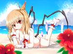  ankle_cuffs beach bikini blonde_hair blue_sky blush cloud crystal day flandre_scarlet flower full_body head_tilt leg_up long_hair looking_at_viewer lying misoshiru_(meridianchild312) ocean on_stomach outdoors red_eyes sand side_ponytail sky smile solo swimsuit touhou white_bikini wings wrist_cuffs 