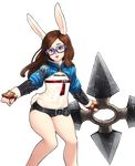  +_+ 1girl animal_ears barbariank bare_legs bell blue-framed_eyewear brown_hair buck_teeth bunny_ears bunny_tail elin_(tera) fingerless_gloves flat_chest fuuma_shuriken glasses gloves groin highres long_hair looking_at_viewer midriff open_mouth short_shorts shorts solo strapless tail tera_online transparent_background tubetop vambraces weapon 