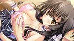  1girl amatsutsumi asahina_kyouko_(amatsutsumi) black_hair blush bra breast_grab breasts brown_eyes cross grabbing hair_ornament hetero long_hair looking_at_viewer oribe_makoto_(amatsutsumi) pink_bra shiny shiny_skin tsukimori_hiro underwear undressing 