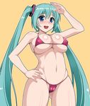 :d ass bikini blue_eyes blush body_blush breasts cameltoe cleavage covered_nipples cowboy_shot eyebrows eyebrows_visible_through_hair green_hair groin hair_between_eyes halterneck hand_on_hip hatsune_miku hormone_koijirou large_breasts long_hair micro_bikini navel nose_blush open_mouth outline red_bikini simple_background smile solo standing swimsuit twintails very_long_hair vocaloid yellow_background 