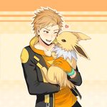  absurdres amethyst021294 blonde_hair blush brown_eyes gen_1_pokemon gloves heart highres holding hood hoodie jacket jolteon male_focus one_eye_closed open_clothes open_jacket orange_background orange_gloves pokemon pokemon_(creature) pokemon_go polka_dot smile spark_(pokemon) 