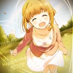  2016 ^_^ blonde_hair blush building cardigan character_name closed_eyes collarbone dated dress dutch_angle english eyebrows eyebrows_visible_through_hair grass hair_intakes happy happy_birthday head_tilt heart heart_necklace lowres number outdoors smile solo striped striped_dress tokyo_7th_sisters tree tsunomori_rona zpolice 