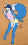  2016 anthro ballistic-cottontail bare_shoulders barefoot black_nose blue_fur blue_hair canine clothing female fox fur green_eyes hair hair_ornament krystal mammal markings nintendo short_hair signature solo star_fox toes video_games white_fur 