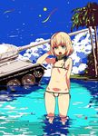  :o arm_behind_back arm_up ass_visible_through_thighs bare_arms bare_shoulders bikini blonde_hair blue_sky caterpillar_tracks cloud covered_nipples day detached_collar fang girls_und_panzer green_eyes groin ground_vehicle hand_in_hair katyusha looking_at_viewer micro_bikini military military_vehicle motor_vehicle navel ocean palm_tree partially_immersed reflection shiny shiny_skin shore short_hair sky solo standing stomach swimsuit t-34 tank tasaka_shinnosuke thighs tree turret v-shaped_eyebrows wading water white_bikini 