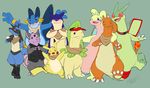  alternate_color amphibian anthro arm_around_shoulders bandanna bayleef blush bottomless canine charizard clothed clothing collar cute_fangs eyes_closed eyewear featureless_crotch flygon front_view glasses goodra group grumpig kaptcha lucario male mammal mostly_nude mustelid nintendo open_mouth pikachu pok&eacute;mon porcine quadruped rodent scalie semi-anthro smile standing swampert typhlosion vest video_games waving 