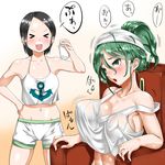  &gt;_&lt; alternate_costume alternate_hairstyle alternate_headwear anchor_print black_hair blush bottle bouncing_breasts boyshorts breasts chair closed_eyes collarbone commentary_request covered_nipples crop_top crop_top_overhang green_eyes green_hair hand_on_hip hand_up highres kuranosuke large_breasts multiple_girls murasa_minamitsu navel open_mouth ponytail sake_bottle see-through shiny shiny_hair shiny_skin shirt short_hair shorts sitting soga_no_tojiko stomach sweat tank_top touhou towel towel_on_head translation_request white_shirt white_shorts 