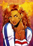  america_chavez artist_name breasts brown_hair cleavage curly_hair dark_skin earrings jewelry large_breasts long_hair marvel ms._america necklace orange_eyes shima_deadstock solo star teeth upper_body 