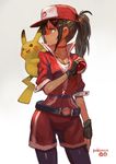  arm_at_side baseball_cap belt black_gloves black_legwear choker collarbone contrapposto copyright_name covered_navel cowboy_shot creature_on_shoulder dark_skin female_protagonist_(pokemon_go) fingerless_gloves gen_1_pokemon gloves hat highres holding holding_poke_ball jacket lack leggings legwear_under_shorts looking_away looking_to_the_side md5_mismatch pikachu poke_ball pokemon pokemon_(creature) pokemon_go ponytail profile red_jacket shiny short_sleeves shorts standing 