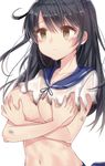  black_hair black_ribbon blush breasts breasts_outside brown_eyes burnt_clothes closed_mouth collarbone covering covering_breasts crossed_arms crying frown highres kantai_collection large_breasts long_hair looking_afar melang_b navel protected_link ribbon school_uniform serafuku shirt short_sleeves simple_background solo stomach sweat tears torn_clothes torn_shirt upper_body ushio_(kantai_collection) white_background white_shirt 