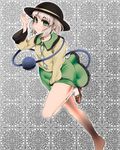  blouse blush eyeball eyebrows green_eyes haseru_(ginku_mh) hat highres komeiji_koishi loafers looking_at_viewer running shoes silver_hair skirt skirt_tug smile socks solo standing standing_on_one_leg thick_eyebrows third_eye touhou 