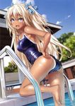  :d absurdres adjusting_clothes adjusting_swimsuit arched_back ass barefoot blonde_hair blue_swimsuit blush bow breasts competition_school_swimsuit covered_nipples cropped dark_skin day dutch_angle feet fingernails hair_between_eyes hair_bow highres kannatsuki_noboru leaning_forward leg_up long_hair looking_at_viewer looking_back medium_breasts one-piece_swimsuit one-piece_tan open_mouth original outdoors pool pool_ladder poolside purple_eyes school_swimsuit shiny shiny_clothes shiny_skin skindentation smile soles solo swimsuit tan tanline two_side_up wading wet 