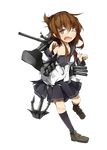  black_legwear black_skirt brown_eyes brown_hair collarbone full_body inazuma_(kantai_collection) kantai_collection long_hair official_art one_eye_closed open_mouth pleated_skirt shirt skirt socks solo torn_clothes torn_shirt transparent_background white_shirt yadokari_(migihashi) 