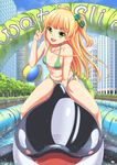  :d bikini blonde_hair bow breasts eyebrows eyebrows_visible_through_hair green_bikini green_bow hair_bow idolmaster idolmaster_cinderella_girls jougasaki_rika long_hair looking_at_viewer navel nekotsuki_no_sho_no_shiwon open_mouth orca side-tie_bikini small_breasts smile solo swimsuit two_side_up v 