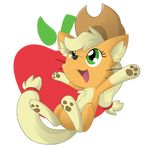  apple applejack_(mlp) blonde_hair cat deadlycomics eyelashes feline female feral food friendship_is_magic fruit fur green_eyes hair hat inner_ear_fluff mammal my_little_pony nude open_mouth orange_fur pawpads paws simple_background smile solo tongue whiskers 