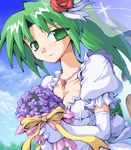  bangs blush bouquet breasts collarbone dress elbow_gloves flower gloves green_eyes green_hair hair_flower hair_ornament higurashi_no_naku_koro_ni jewelry kurogarasu long_hair looking_at_viewer lowres medium_breasts necklace ponytail ribbon rose solo sonozaki_mion veil wedding_dress 