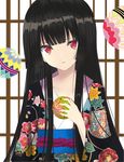  ball bangs black_hair black_kimono blunt_bangs collarbone enma_ai floral_print hime_cut holding japanese_clothes jigoku_shoujo kimono long_hair looking_at_viewer maopoko red_eyes solo temari_ball upper_body 