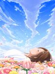  bad_id bad_pixiv_id blush brown_hair closed_eyes cloud day field flower flower_field from_side hair_ornament hairclip lying minamito on_back original outdoors petals profile short_sleeves sky solo 