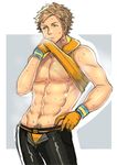  breath brown_hair gloves green_eyes hand_on_hip highres hood hoodie male_focus male_pubic_hair male_underwear mixivsky muscle nipples orange_gloves parted_lips pokemon pokemon_go pubic_hair shirt_lift sleeveless sleeveless_hoodie solo spark_(pokemon) sweat underwear unzipped 