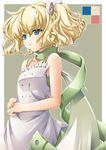  belle_(katahane) blonde_hair blue_eyes eyebrows eyebrows_visible_through_hair green_scarf hair_ribbon katahane katase_kai looking_to_the_side open_mouth ribbon scarf short_hair side_ponytail solo standing 