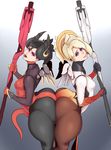  2girls armor ass ass-to-ass black_hair blonde_hair blue_eyes bodysuit breasts dark_persona demon_horns demon_tail devil_mercy dual_persona forehead_mark grin horns huge_ass leaning leaning_forward lipstick makeup mechanical_halo mechanical_wings mercy_(overwatch) multiple_girls overwatch pantyhose ponytail purple_eyes red_lips red_lipstick shiny shiny_clothes shiny_hair sideboob smile staff sundown tail thick_thighs wings 