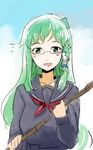  alternate_costume bespectacled blue_sky blush breasts broom cloud day frog_hair_ornament glasses green_eyes green_hair hair_ornament hair_tubes highres holding holding_broom kochiya_sanae large_breasts long_hair looking_at_viewer open_mouth school_uniform serafuku sinzan sky smile snake_hair_ornament solo teeth touhou upper_body 