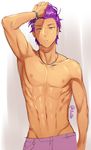  arm_up bracelet cowboy_shot cross cross_necklace ensemble_stars! hand_in_hair jewelry looking_at_viewer male_focus navel necklace nipples otogari_adonis parted_lips purple_hair simple_background solo tan twitter_username wet wet_hair yellow_eyes zhineart 