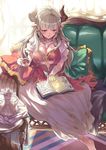  absurdres alicia_(granblue_fantasy) barefoot blush book breasts cleavage couch cup draph dress earrings flower from_above gloves granblue_fantasy highres horns jewelry large_breasts long_hair looking_down ohland pillow pointy_ears red_eyes silver_hair sitting smile solo tea teacup teapot white_gloves 